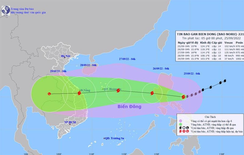 Vị trí và hướng di chuyển của bão Noru. (Nguồn: nchmf.gov.vn)