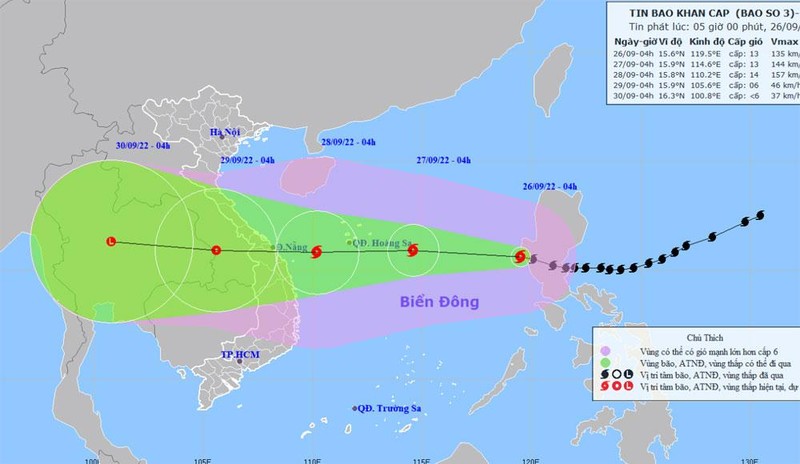 Vị trí và hướng di chuyển của bão số 4. (Nguồn: nchmf.gov.vn)