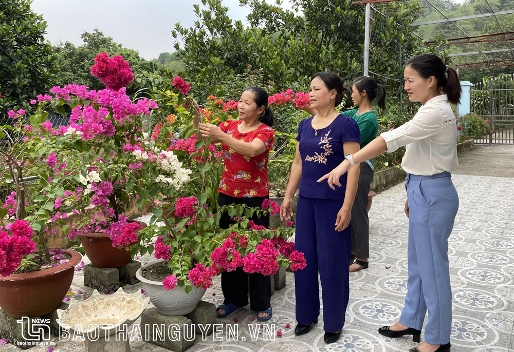 Cán bộ Chi hội Phụ nữ xóm Cà Phê, xã Minh Lập (Đồng Hỷ), tới thăm nhà hội viên tiêu biểu có nhà sạch, vườn đẹp. 